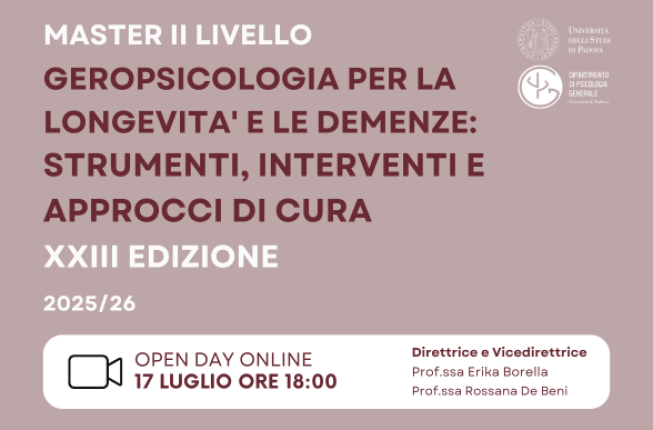 Collegamento a Open Day Master in 'Geropsicologia per la longevità e le demenze: strumenti, interventi e approcci di cura'